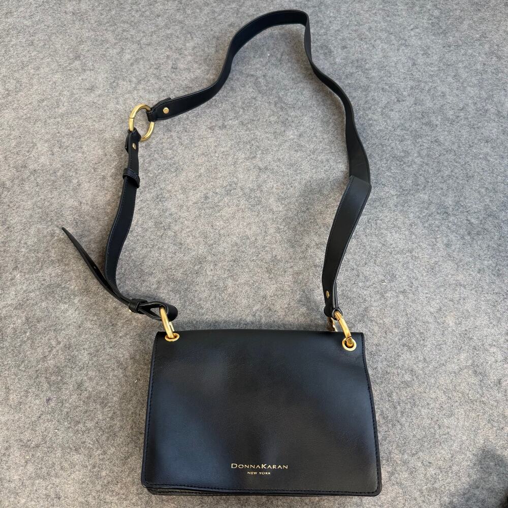 Donna Karan New York Black Leather Flap Crossbody Bag Purse